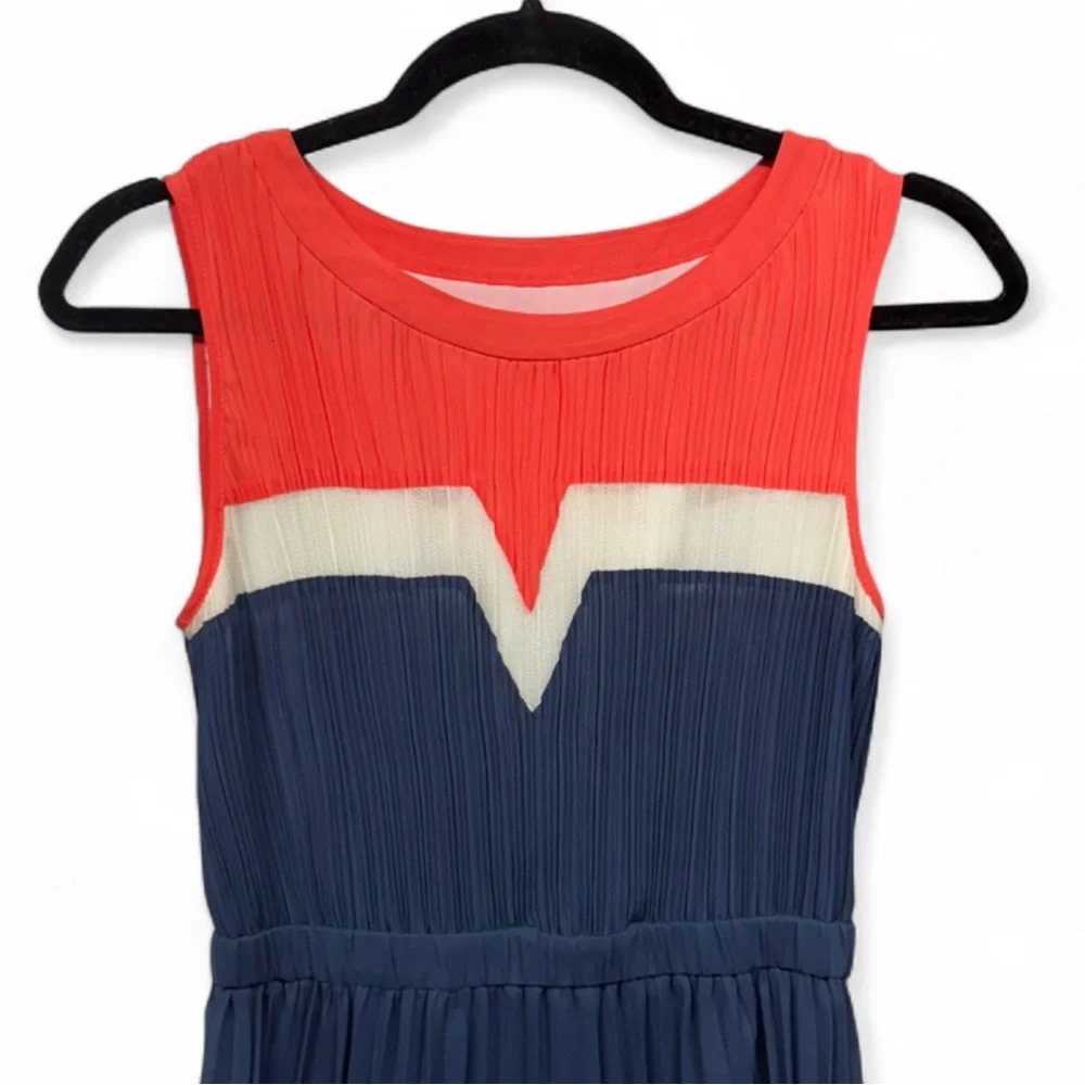 Five Plus Colorblock Micro-Pleated Midi Dress Navy Coral Cream Size S - Picture 5 of 8